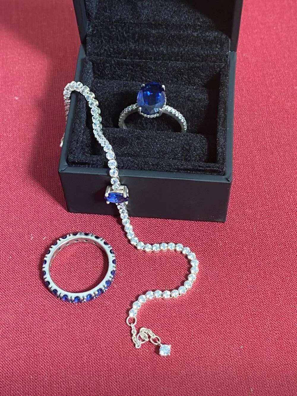 Pandora Sparkling Blue Gem Set w/ Tennis Bracelet, Eternity Ring, and Halo Ring